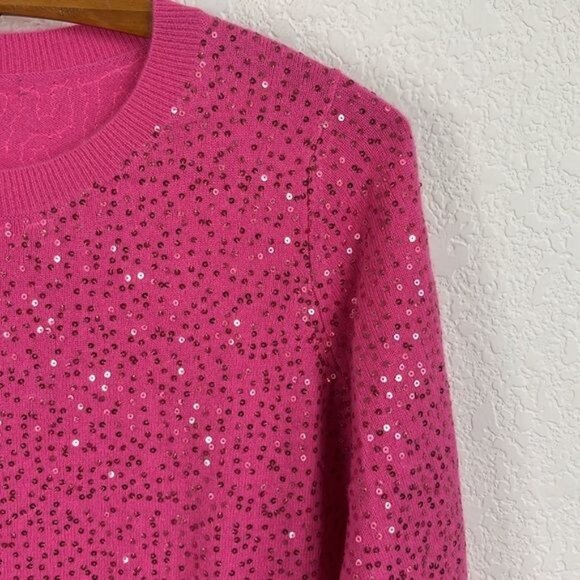 Neiman Marcus Cashmere Sequin Cropped Sleeve Crew Neck Sweater - Picture 2 of 7